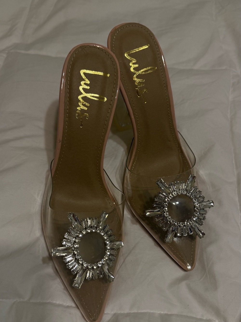 Lulu's Clear Pointed Mule with Blush Trim and Crystal Sunburst